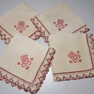 Vintage Beige Linen Napkins Set of 4 Embroidered Cross Stitch with Crochet Trim